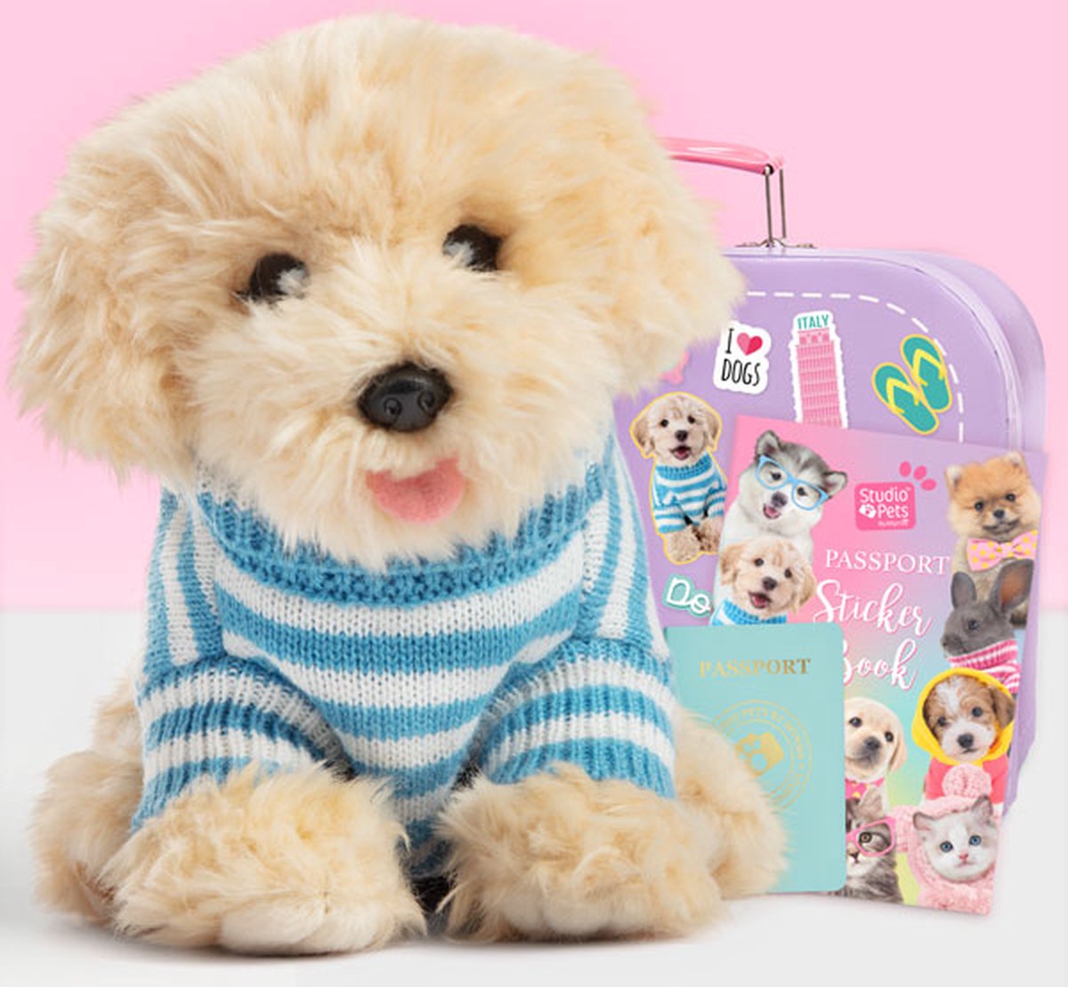 Studio Pets Knuffel Labradoodle | Doodle | Set | Pluche knuffel 23cm + Lila speelgoedkoffer + Paspoort + Stickerboek
